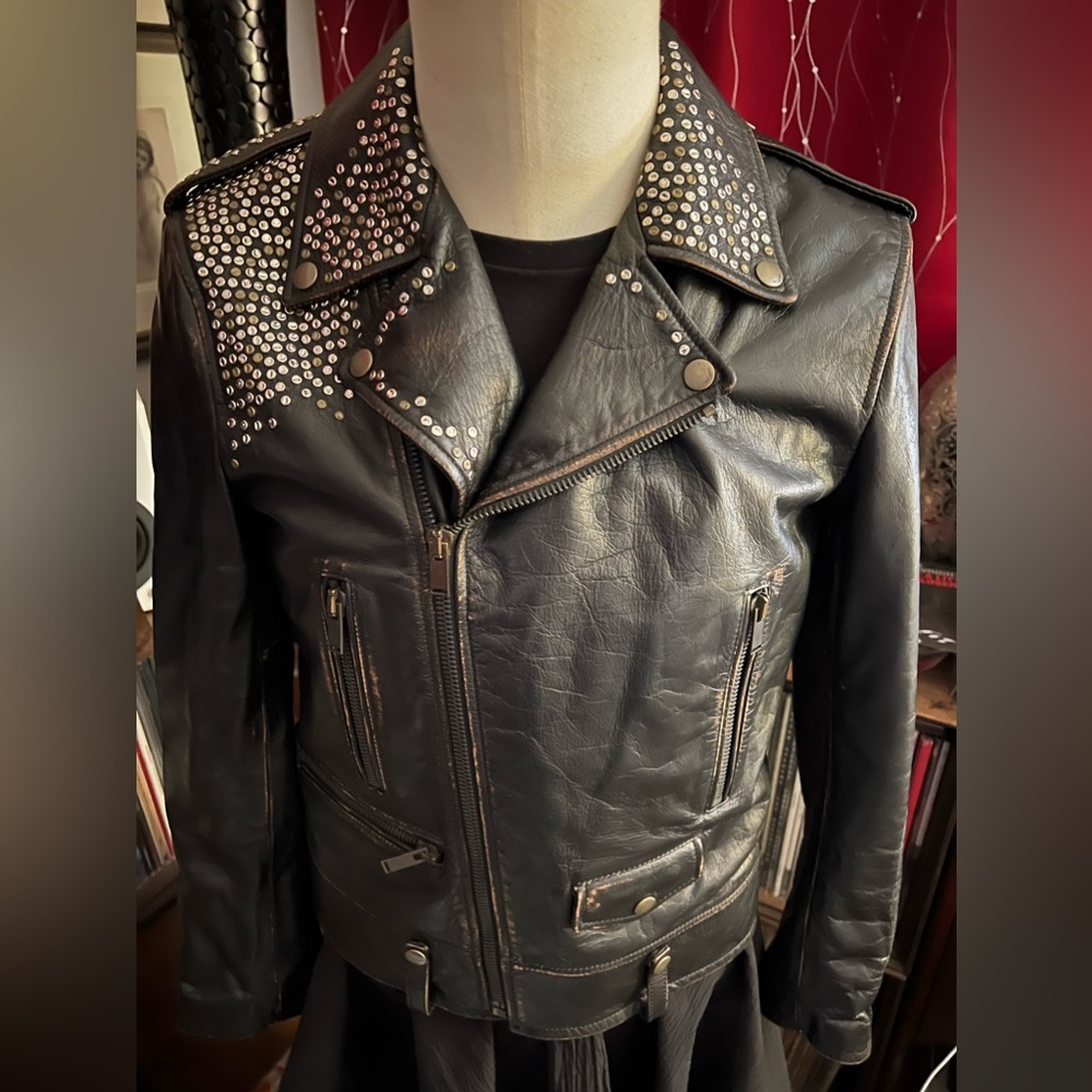 Saint Laurent $5500 Distressed Studded Biker Jacket Sz 48